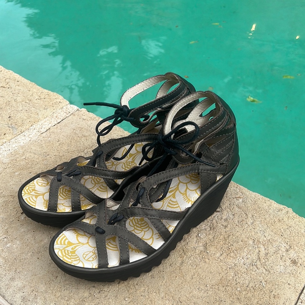 FLY London Leather Lace-Up Yule Wedge Sandals.  Beautiful, feminine and so comfy